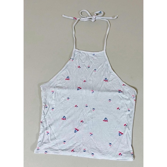 Pastel Baby Blue Cherries Cherry Print Halter Tank Crop Top Tee T-Shirt XS 🍒 - Picture 1 of 2